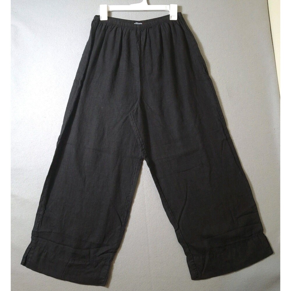 Liz & Jane Linen Pants XL Black Lagenlook Wide Leg Cropped Flood Pants Boho 26